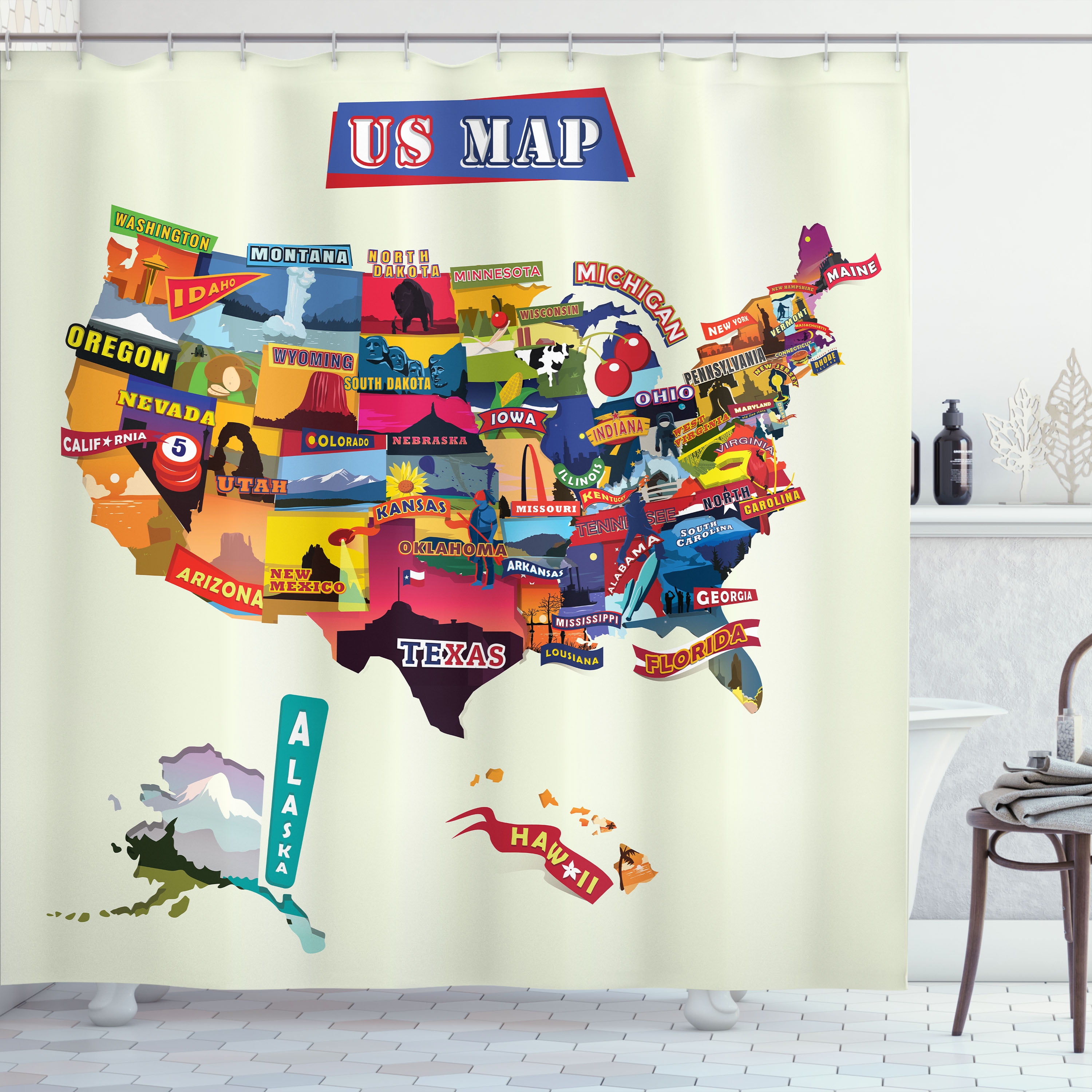 Wanderlust Shower Curtain, US Map Seashore and Sunflowers Tourist ...