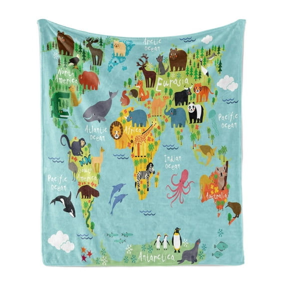 Wanderlust Soft Flannel Fleece Blanket, Animal Map of the World for Children Kids Cartoon Mountains Forests, Cozy Plush for Indoor and Outdoor Use, 50" x 70", Pale Blue Yellow Green, by Ambesonne