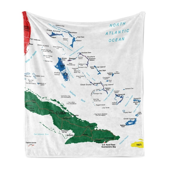 Wanderlust Soft Flannel Fleece Blanket, Bahamas Map Beach Cayman Islands Geography District Holiday Tourism, Cozy Plush for Indoor and Outdoor Use, 50" x 70", Hunter Green Blue Red, by Ambesonne