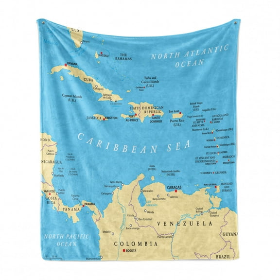 Wanderlust Soft Flannel Fleece Blanket, Caribbean Political Map Capitals National Borders Important Cities Rivers Lakes, Cozy Plush for Indoor and Outdoor Use, 70" x 90", Blue Ivory, by Ambesonne