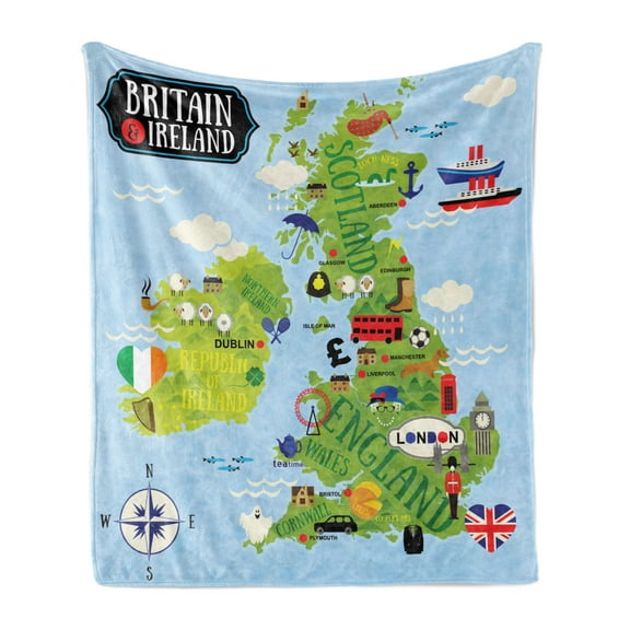 Wanderlust Soft Flannel Fleece Blanket, Cartoon Maps of Britain and Ireland Children Landmarks Illustration, Cozy Plush for Indoor and Outdoor Use, 50" x 70", Pale Blue Apple Green, by Ambesonne