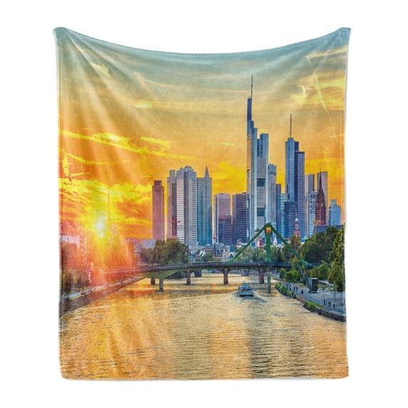 Wanderlust Soft Flannel Fleece Blanket, Frankfurt Sunset Architecture Landmark Skyscraper Vibrant Colors Waterfront, Cozy Plush for Indoor and Outdoor Use, 50" x 60", Marigold Blue, by Ambesonne