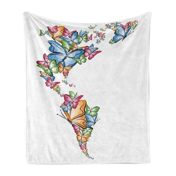 Wanderlust Soft Flannel Fleece Blanket, North South America World Map Silhouette with Butterfly Illustration, Cozy Plush for Indoor and Outdoor Use, 50" x 70", Blue Pink Pale Orange, by Ambesonne