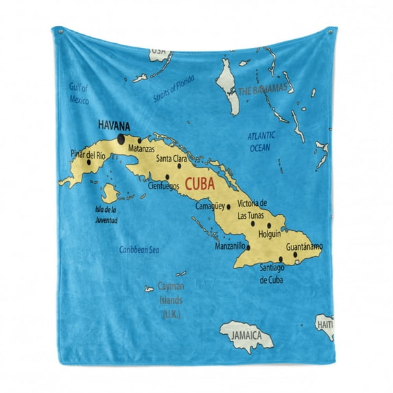 Wanderlust Soft Flannel Fleece Blanket, Republic of Cuba Modern Geographical Island Atlantic Ocean Illustration, Cozy Plush for Indoor and Outdoor Use, 60" x 80", Blue White Yellow, by Ambesonne