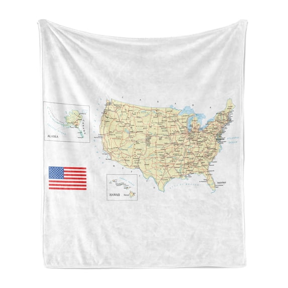 Wanderlust Soft Flannel Fleece Throw Blanket, USA Detailed Map Topographic Contours Country Names Roads Railways, Cozy Plush for Indoor and Outdoor Use, 60" x 80", Ivory Pale Blue White, by Ambesonne