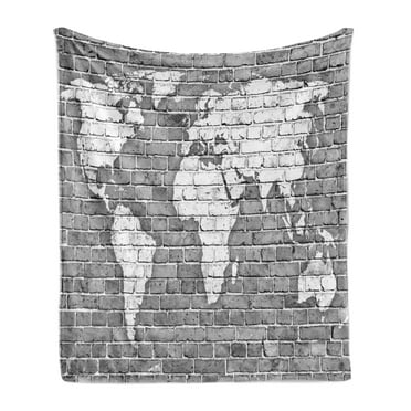 Wanderlust Soft Flannel Fleece Throw Blanket, World Map on Old Brick Wall Construction Grunge Antique Stained Abstract, Cozy Plush for Indoor and Outdoor Use, 60" x 80", Pale Grey White, by Ambesonne