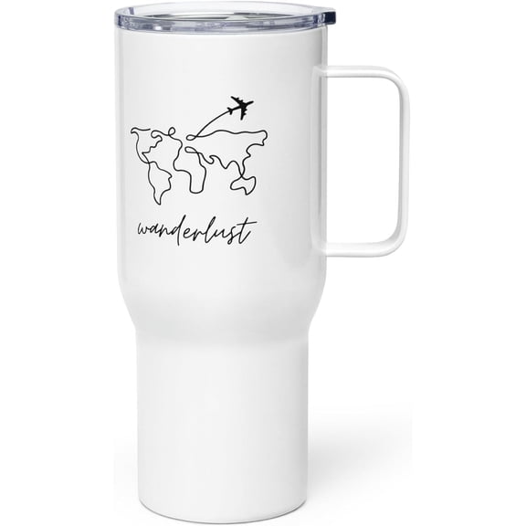 Wanderlust World Explorer- Insulated 25 oz Travel Mug - Stainless Steel Coffee & Tea Tumbler with Plane and World Map Line Art, Leakproof Lid - Ideal for Global Adventurers and Daily Commutes
