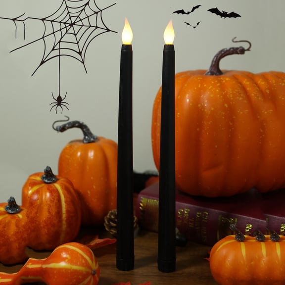 Wanfds 2 Pcs Halloween Flameless Taper Candles with Timer 10.8 Tall Long Flicking Fake Battery Operated Electric LED Candlesticks for Candelabra Halloween Party Decorations Table Centerpiece(Black)