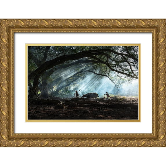 Wang, Jian 32x23 Gold Ornate Wood Framed with Double Matting Museum Art Print Titled - Morning Routine