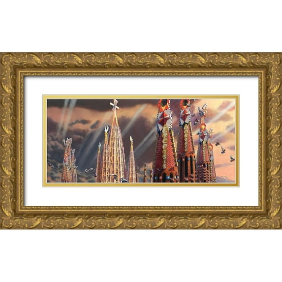 Wang, John Z. 32x16 Gold Ornate Wood Framed with Double Matting Museum Art Print Titled - Towers of La Sagrada Familia