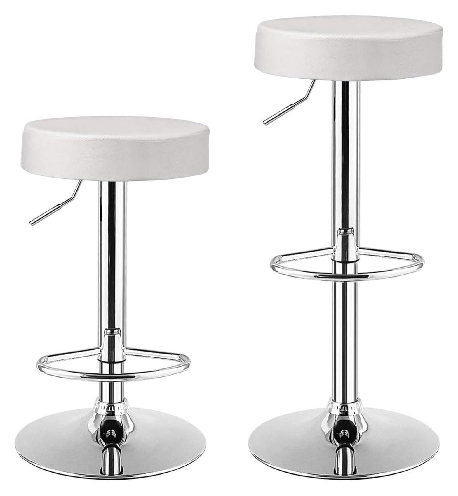 White Adjustable Swivel Backless Leather Bar Stools, Set of 2