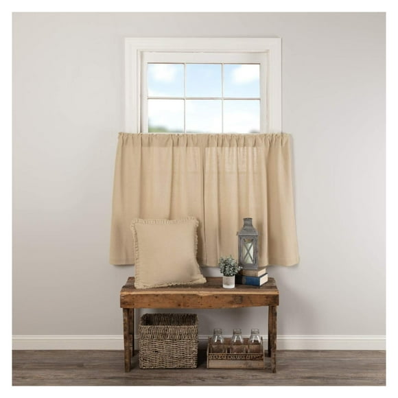 Wang Lin Jun Burlap Vintage Farmhouse Kitchen Curtains, 36" Long Tier Pair, Beige, Set of 2