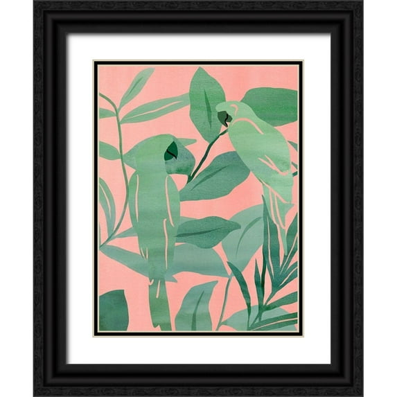 Wang, Melissa 12x14 Black Ornate Wood Framed with Double Matting Museum Art Print Titled - Pink and Green Birds of Paradise II
