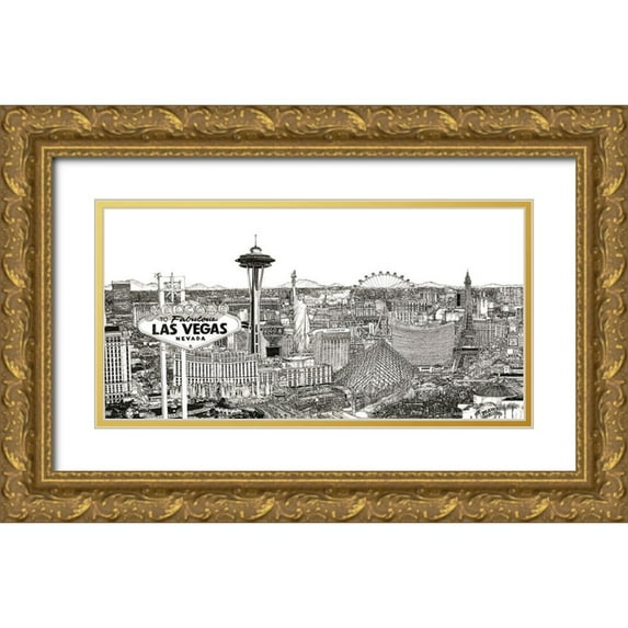 Wang, Melissa 14x9 Gold Ornate Wood Framed with Double Matting Museum Art Print Titled - Vegas Skyline in BandW