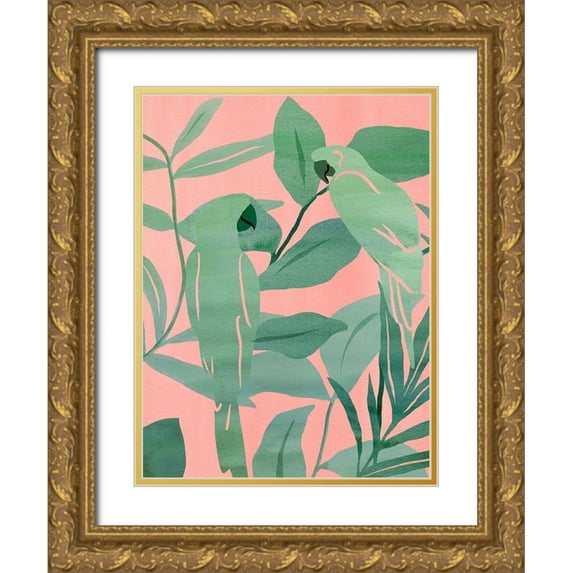 Wang, Melissa 15x18 Gold Ornate Wood Framed with Double Matting Museum Art Print Titled - Pink and Green Birds of Paradise II