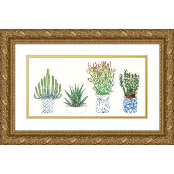 Wang, Melissa 18x11 Gold Ornate Wood Framed with Double Matting Museum Art Print Titled - Four Succulents I