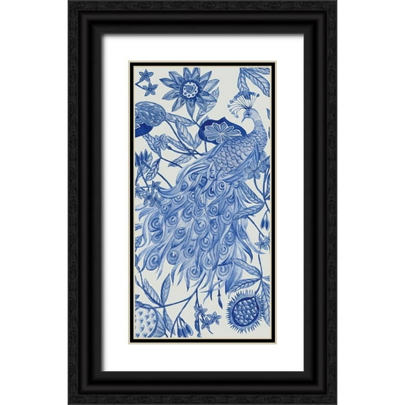 Wang, Melissa 18x32 Black Ornate Wood Framed with Double Matting Museum Art Print Titled - Peacock in Indigo II