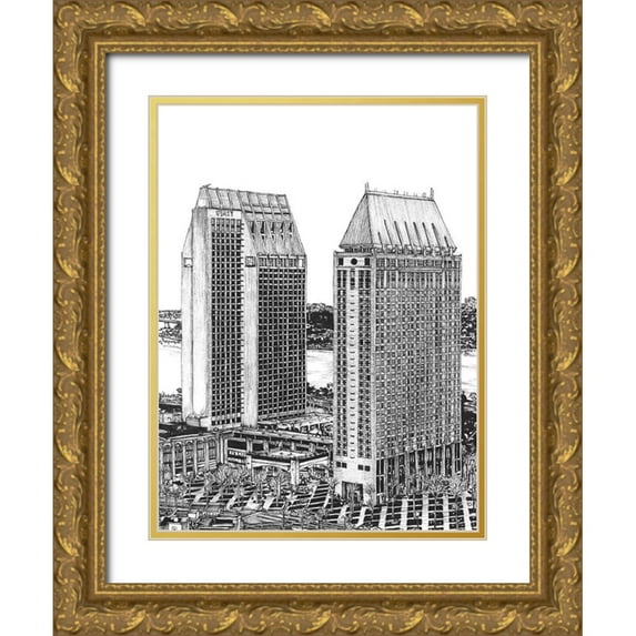 Wang, Melissa 19x24 Gold Ornate Wood Framed with Double Matting Museum Art Print Titled - BandW Us Cityscape-San Diego