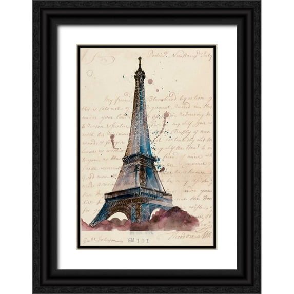 Wang, Melissa 23x32 Black Ornate Wood Framed with Double Matting Museum Art Print Titled - Letters from Eiffel