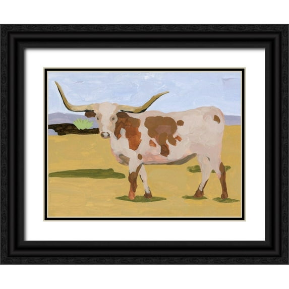 Wang, Melissa 32x25 Black Ornate Wood Framed with Double Matting Museum Art Print Titled - Longhorn Cattle I
