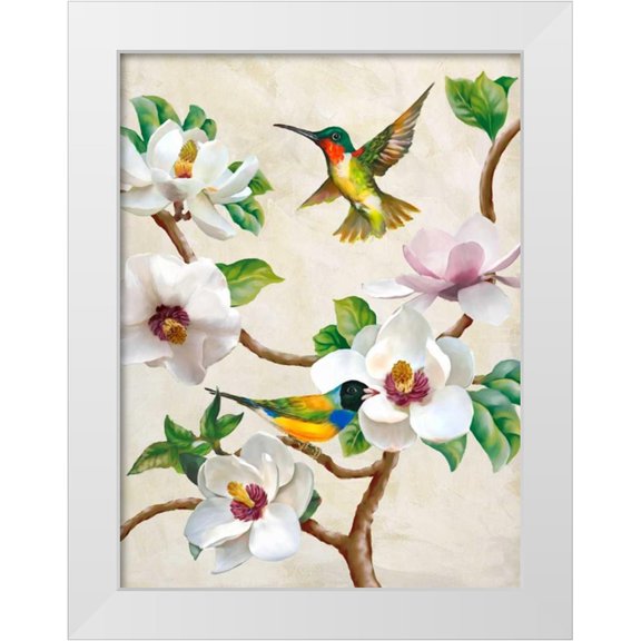 Wang, Terry 19x24 White Modern Wood Framed Museum Art Print Titled - Magnolia and Birds