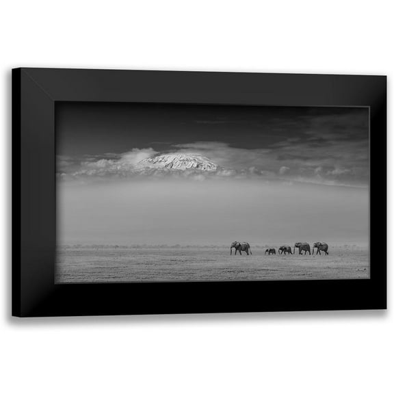 Wang, Yun 14x10 Black Modern Framed Museum Art Print Titled - Elephant Family Under Mount Kilimanjaro