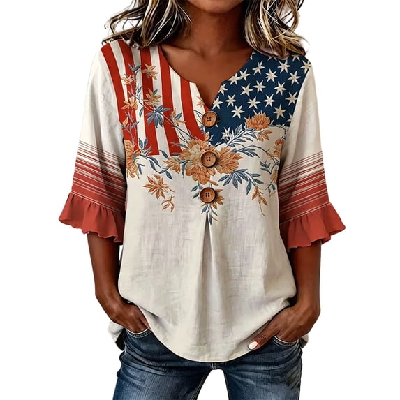 Wang6 250th Anniversary USA Shirts for Womens Plus Sized America Flag Printed V Neck Tshirts 4th of July Button Tops 3/4 Sleeve Independence Day Graphic Tees 0527liBeige XL
