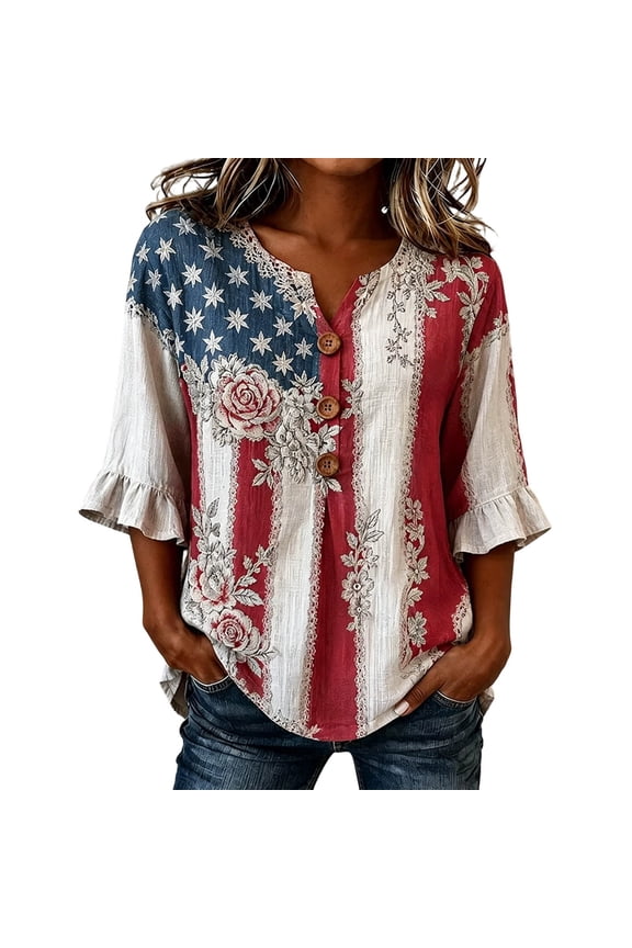 250th Anniversary USA Shirts for Womens Plus Sized America Flag Printed V Neck Tshirts 4th of July Button Tops 3/4 Sleeve Independence Day Graphic Tees 0527liRed1 XXXXXL