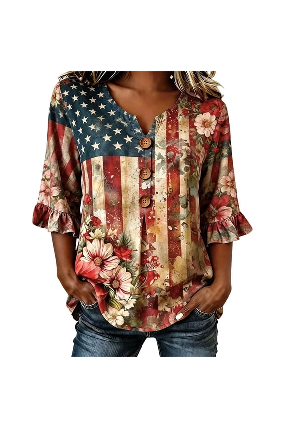 250th Anniversary USA Shirts for Womens Plus Sized America Flag Printed V Neck Tshirts 4th of July Button Tops 3/4 Sleeve Independence Day Graphic Tees 0527liRed XXXL