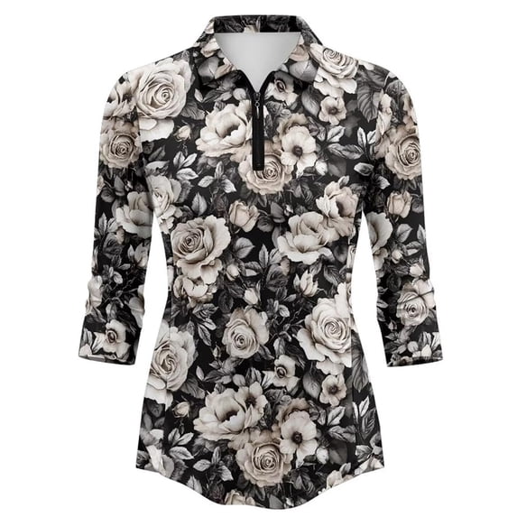 Wang6 3/4 Sleeve Tops for Women Trendy Quarter Zip Polo Shirts with Collar Fall Causal Floral Printed V Neck T Shirts Graphic Tees 0713-3/4 sleeve tshirts Black M