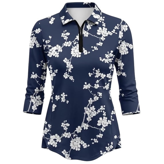 Wang6 3/4 Sleeve Tops for Women Trendy Quarter Zip Polo Shirts with Collar Fall Causal Floral Printed V Neck T Shirts Graphic Tees 0713-3/4 sleeve tshirts Dark Blue XXL