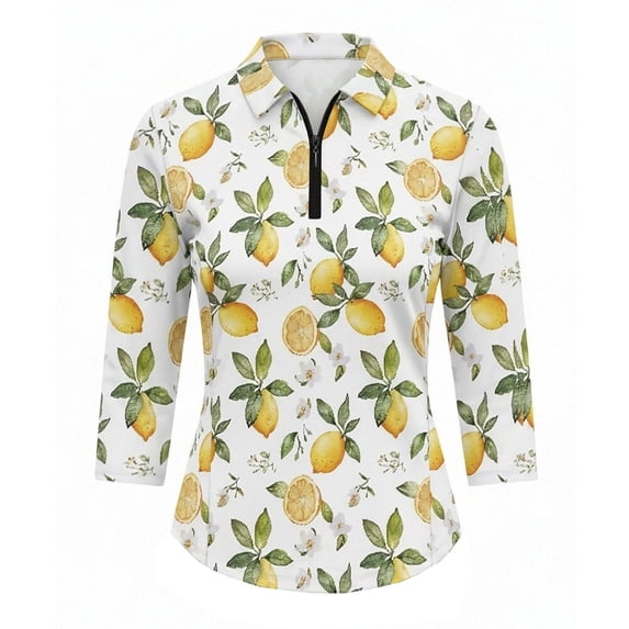 Wang6 3/4 Sleeve Tops for Women Trendy Quarter Zip Polo Shirts with Collar Fall Causal Floral Printed V Neck T Shirts Graphic Tees 0713-3/4 sleeve tshirts Yellow L