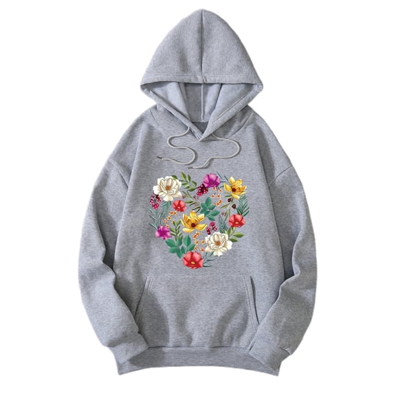 Wang6 Black Oversized Graphic Hoodies for Womens Loose Fit Floral Printed Pullovers Sweatshirts Teen Girls Trendy Fall Long Sleeve V Neck Tops with Pocket Grey M