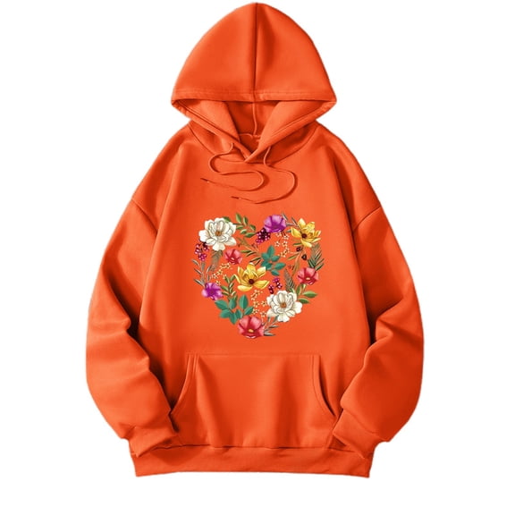 Wang6 Black Oversized Graphic Hoodies for Womens Loose Fit Floral Printed Pullovers Sweatshirts Teen Girls Trendy Fall Long Sleeve V Neck Tops with Pocket Orange XL
