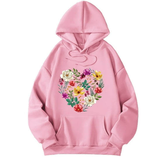 Wang6 Black Oversized Graphic Hoodies for Womens Loose Fit Floral Printed Pullovers Sweatshirts Teen Girls Trendy Fall Long Sleeve V Neck Tops with Pocket Pink XL