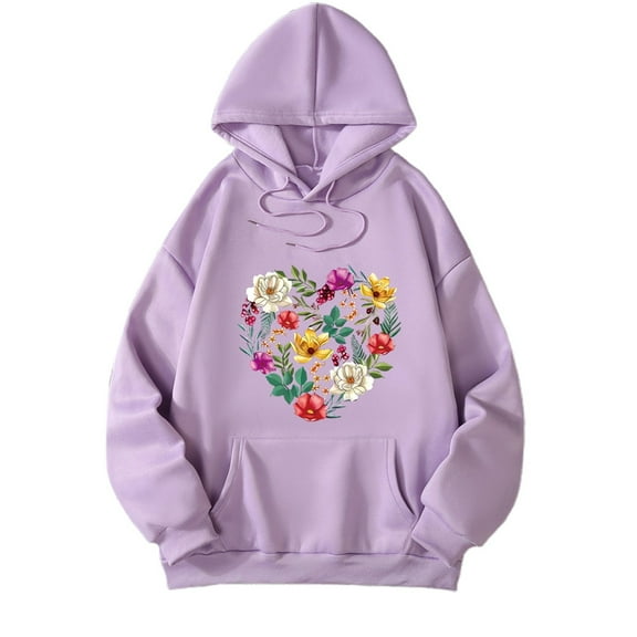Wang6 Black Oversized Graphic Hoodies for Womens Loose Fit Floral Printed Pullovers Sweatshirts Teen Girls Trendy Fall Long Sleeve V Neck Tops with Pocket Purple XL