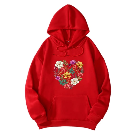 Wang6 Black Oversized Graphic Hoodies for Womens Loose Fit Floral Printed Pullovers Sweatshirts Teen Girls Trendy Fall Long Sleeve V Neck Tops with Pocket Red L