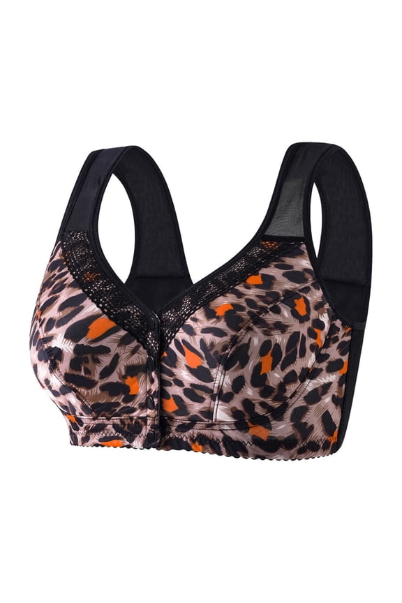 Button Front Closure Bras for Women Wireless Seamless Bralettes Push up Everyday Bra for Large Bust Full Coverage Leopard Printed T Shirt Bra Orange S
