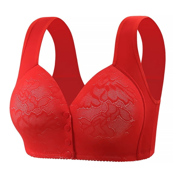 Wang6 Button Front Closure Bras for Older Women Wireless Plus Size Push up Minimizer Bras Full Coverage Breathable T Shirt Bralettes Red 50
