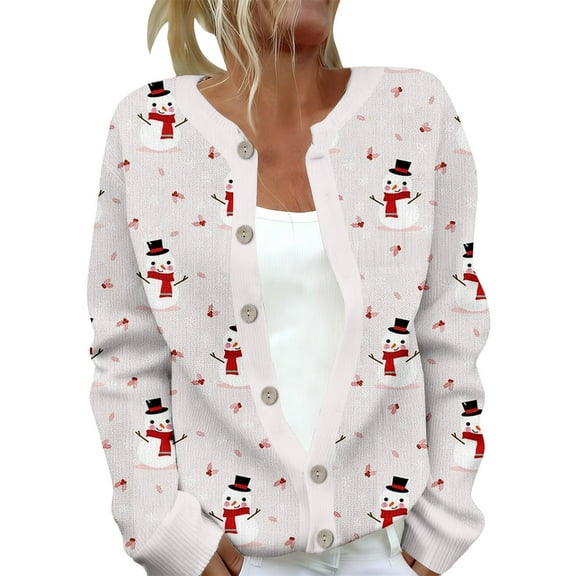 Wang6 Button down Christmas Cardigan for Women Trendy Long Sleeve Xmas Tree Snowman Printed Sweater Tops Fall Winter Crew Neck Loose Fit Lightweight Jacket Light Gray XL