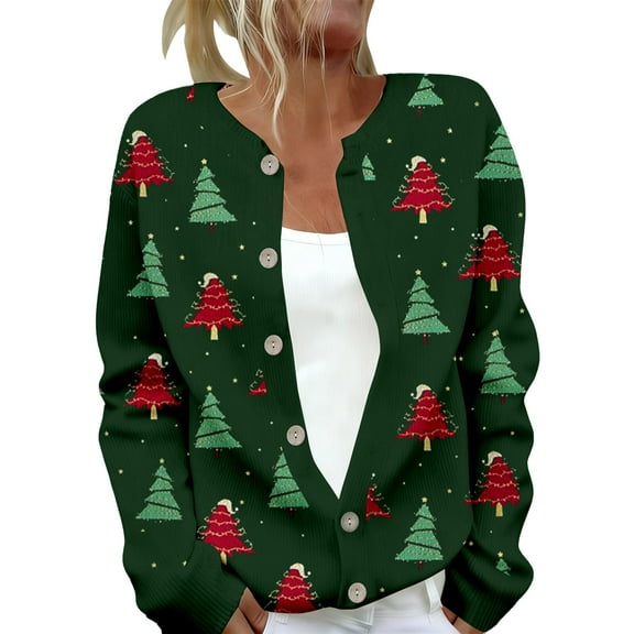 Wang6 Button down Ugly Christmas Cardigan for Women Trendy Long Sleeve Xmas Tree Snowman Printed Sweater Tops Fall Winter Crew Neck Loose Fit Lightweight Jacket Green L