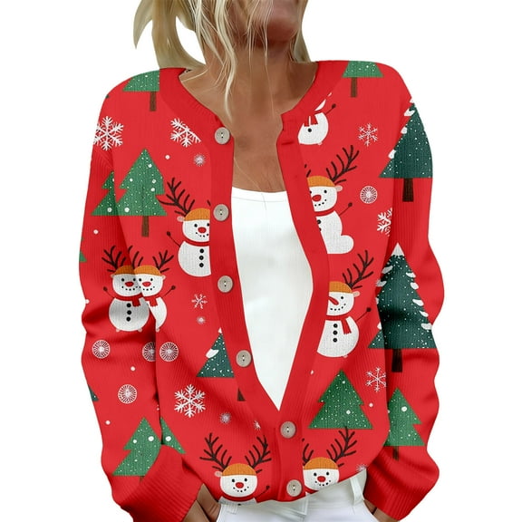 Wang6 Button down Ugly Christmas Cardigan for Women Trendy Long Sleeve Xmas Tree Snowman Printed Sweater Tops Fall Winter Crew Neck Loose Fit Lightweight Jacket Red1 L