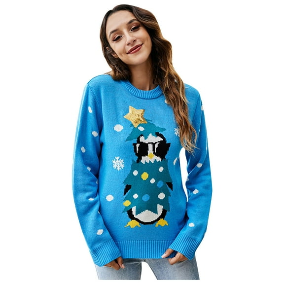 Wang6 Christmas Sweaters for Women Trendy Long Sleeve Blue Knits Fall Winter Crew Neck Xmas Snowflake Snowman Printed Knit Pullovers Tops Blue S