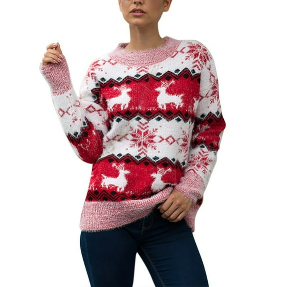 Wang6 Christmas Sweaters for Women Trendy Long Sleeve Red Knits Fall Winter Crew Neck Xmas Snowflake Reindeer Printed Knit Pullovers Tops Red XL