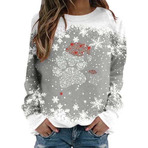 Wang6 Christmas Sweatshirts for Women Plus Size Funny Long Sleeve Snowflake Bear Claw Print Graphic Shirts Crew Neck Xmas Holiday Party Fall Pullover Tops Light Gray S