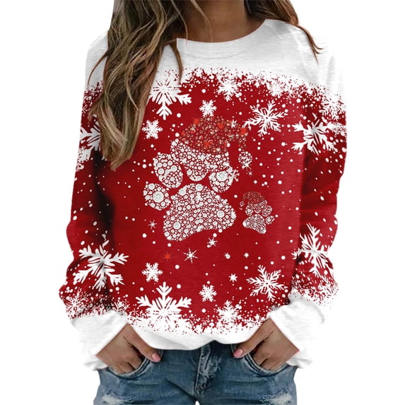 Wang6 Christmas Sweatshirts for Women Plus Size Funny Long Sleeve Snowflake Bear Claw Print Graphic Shirts Crew Neck Xmas Holiday Party Fall Pullover Tops Red L