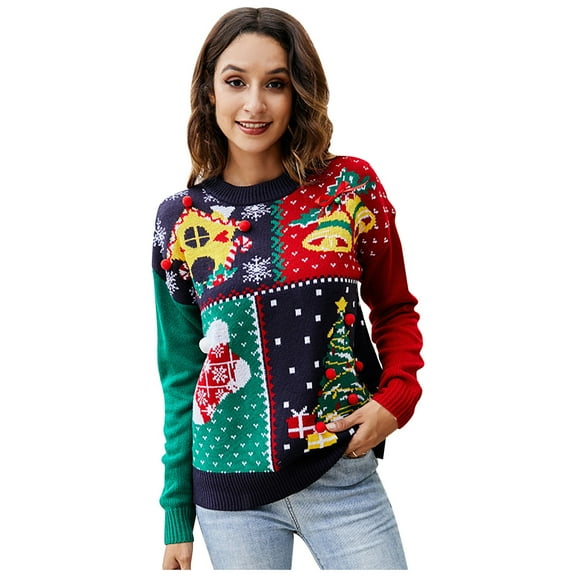 Wang6 Christmas Ugly Sweaters for Women Trendy Long Sleeve Knits Fall Winter Crew Neck Snowflake Christmas Tree Xmas Socks Printed Knit Pullovers Tops Red M