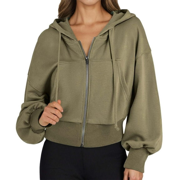 Wang6 Cropped Full Zip up Hoodies Dress for Womens Loose Fit Solid Hooded Pullovers Sweatshirts Trendy Fall Long Sleeve V Neck Tops with Large Pocket Green XXL