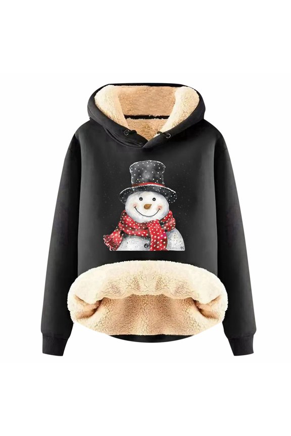 Fleece Lined Christmas Hoodies for Women Plus Size Long Sleeve Snowman Printed Hooded Sweatshirts Winter Warm Xmas Loose Fit Tops Black M