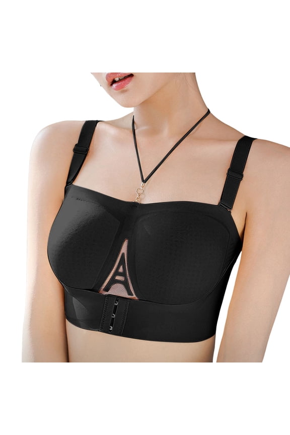 Front Closure Convertible Bras for Women Plus Size Posture Seamless No Underwire Mesh Bra Compression Large Bust Full Coverage Bralettes Black L